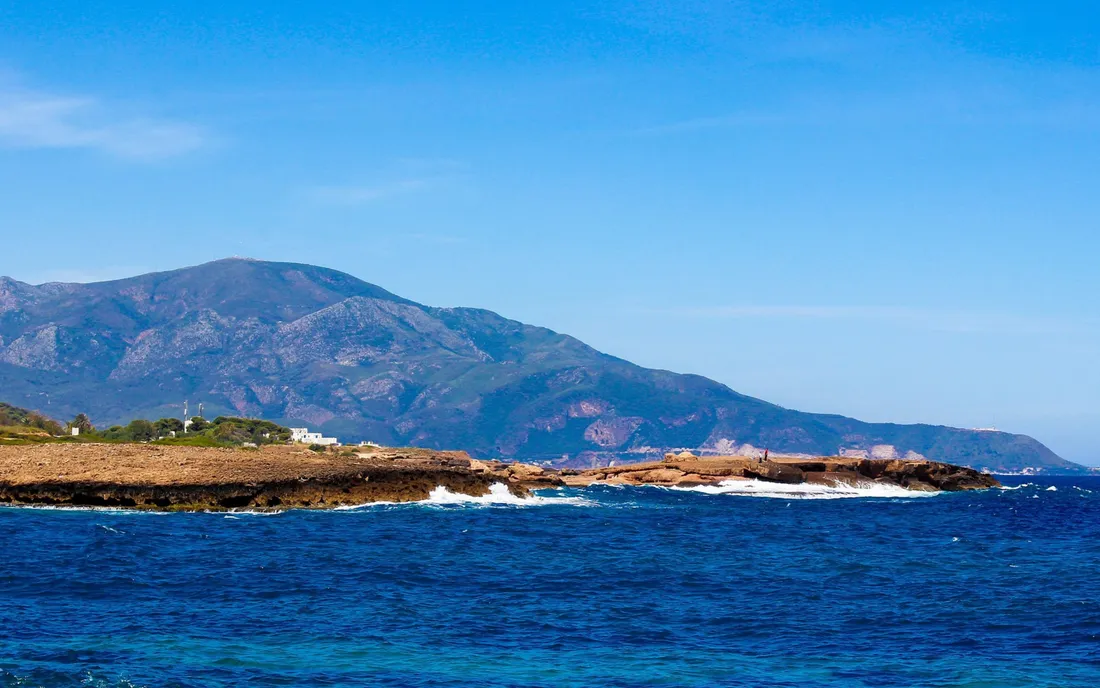 Coastal landscape of Tipaza in Algeria with blue sea, mountains and Roman heritage sites